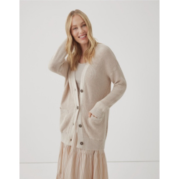 Pact Fisherman Women Large Cardigan Cotton Fisherman Knit Oversize V-Neck Beige - Picture 1 of 11
